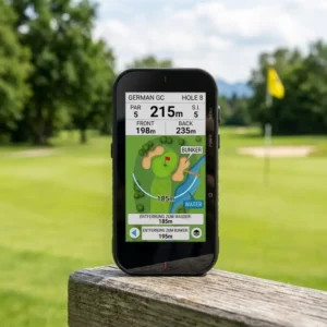 Eine Illustration, die zeigt, wie ein golf gps handgerät Bunkern und Wasserhindernisse auf der Karte darstellt.