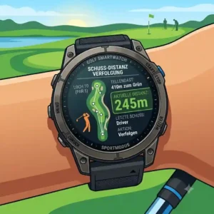 Graphic representation of a golf smartwatch sportmodus tracking shot distance and yardage during a game.