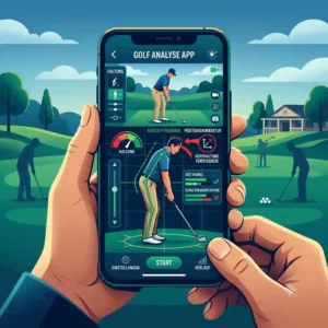 Hands holding a modern smartphone displaying a mobile app of golf analyse software on a driving range, showing real-time posture correction with the German text "HALTUNG" and "KOPFHALTUNG KORRIGIEREN".
