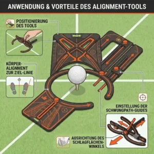 A precise illustrative alignment guide showing how to position a golf schlagtraining tool correctly on the green.
