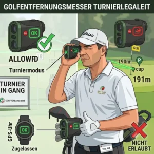 Auszug aus den offiziellen Platzregeln, der bestätigt, wann ein golf entfernungsmesser turnier erlaubt und einsatzbereit ist.