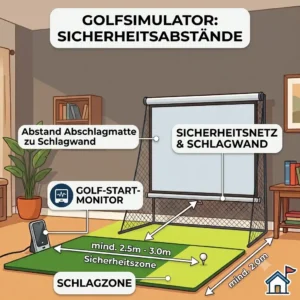 A diagram illustrating safe distances and hitting zones for a golf simulator einsteiger to prevent damage.