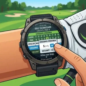 An illustration of a user entering scores into the digital scorecard feature of a golf smartwatch sportmodus.