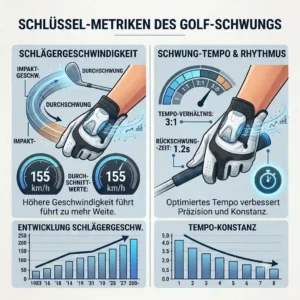 An infographic illustrating key performance metrics like club head speed and tempo captured by a golf swing tracker sensor.