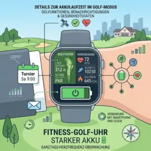 Health monitoring and smart notifications shown on a golf uhr lange akkulaufzeit interface.