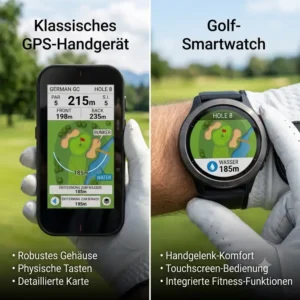 Vergleich zwischen einem klassischen golf gps handgerät und einer Golfuhr.
