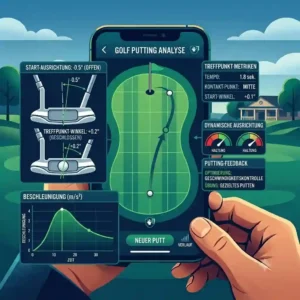 Hands holding a smartphone showing an AI-powered coach feature within a golf analyse software, displaying biomechanical skeleton tracking and real-time posture feedback on a golfer on a course.