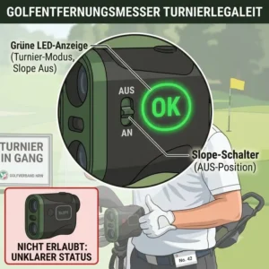 Nahaufnahme der grünen LED-Leuchte, die beweist, dass das golf entfernungsmesser turnier erlaubt Gerät im Turniermodus läuft.