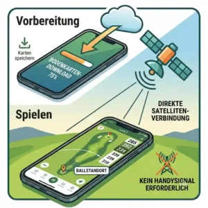 Infographic showing how a golf gps app offline connects directly to satellites.