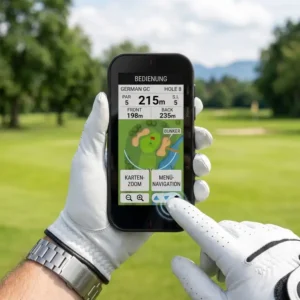 Illustration eines Golfers, der ein kompaktes golf gps handgerät in der Hand hält.