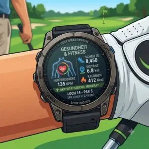 Graphic showing heart rate and calorie tracking UI during a round using the golf smartwatch sportmodus.