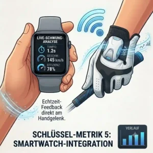 An illustration of a golfer checking their swing data on a smartwatch synced with a golf swing tracker sensor.