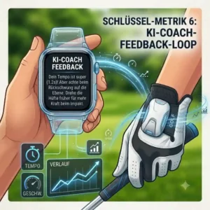 A conceptual illustration showing virtual AI coaching tips generated from golf swing tracker sensor data.