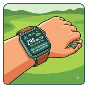 A smartwatch displaying distance data from a golf gps app offline.