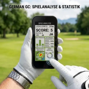 Digitale Scorekarte und Spielanalyse auf dem Bildschirm eines golf gps handgerät.