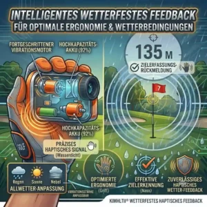 A waterproof golf laser mit vibration in use on a rainy green.