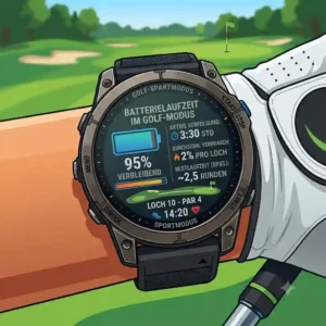 Illustration highlighting the long battery life of a golf smartwatch sportmodus while operating on the field.
