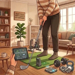 A modern illustration highlighting the use of mobile apps and wireless sensors for analysis in golf training zuhause.