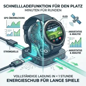 Fast charging station showing a golf uhr lange akkulaufzeit preparing for the next golf round.
