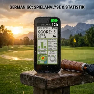 Ein robustes, wasserdichtes golf gps handgerät mit Symbol für lange Akkulaufzeit bei Sonne und Regen.