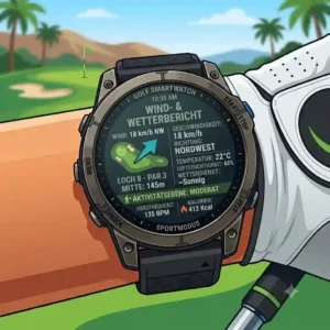 Illustration of wind speed and weather updates displayed on a golf smartwatch sportmodus interface.