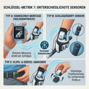 A clean layout illustration displaying a golf swing tracker sensor, its charging dock, and mounting accessories.