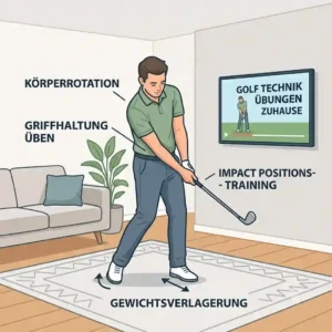 Illustration of practical, ball-free golf technik training drills for the living room.