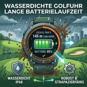 Rugged design and durability features of a waterproof golf uhr lange akkulaufzeit in rain.