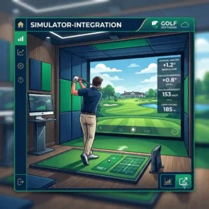 An illustration of a professional indoor golf simulator integrated with advanced golf analyse software, displaying real-time swing analysis and ball data on a large projection screen and a dedicated monitor.